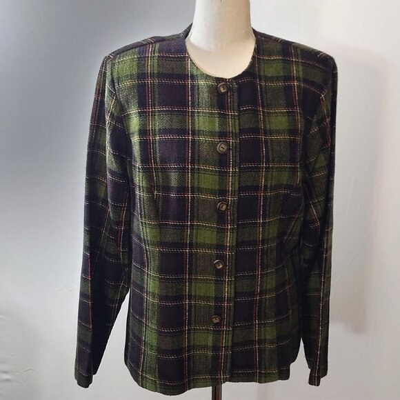 Sag Harbor Womens Plaid Button-Front Blazer Size 12 Green & Black Acrylic Jacket - Picture 1 of 4